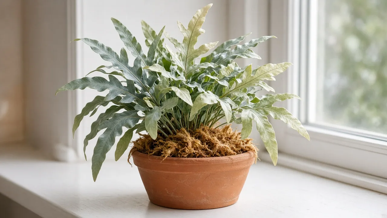 Pale leaves on Blue Star Fern - washed-out lobed fronds losing blue-gray color beside healthier tissue