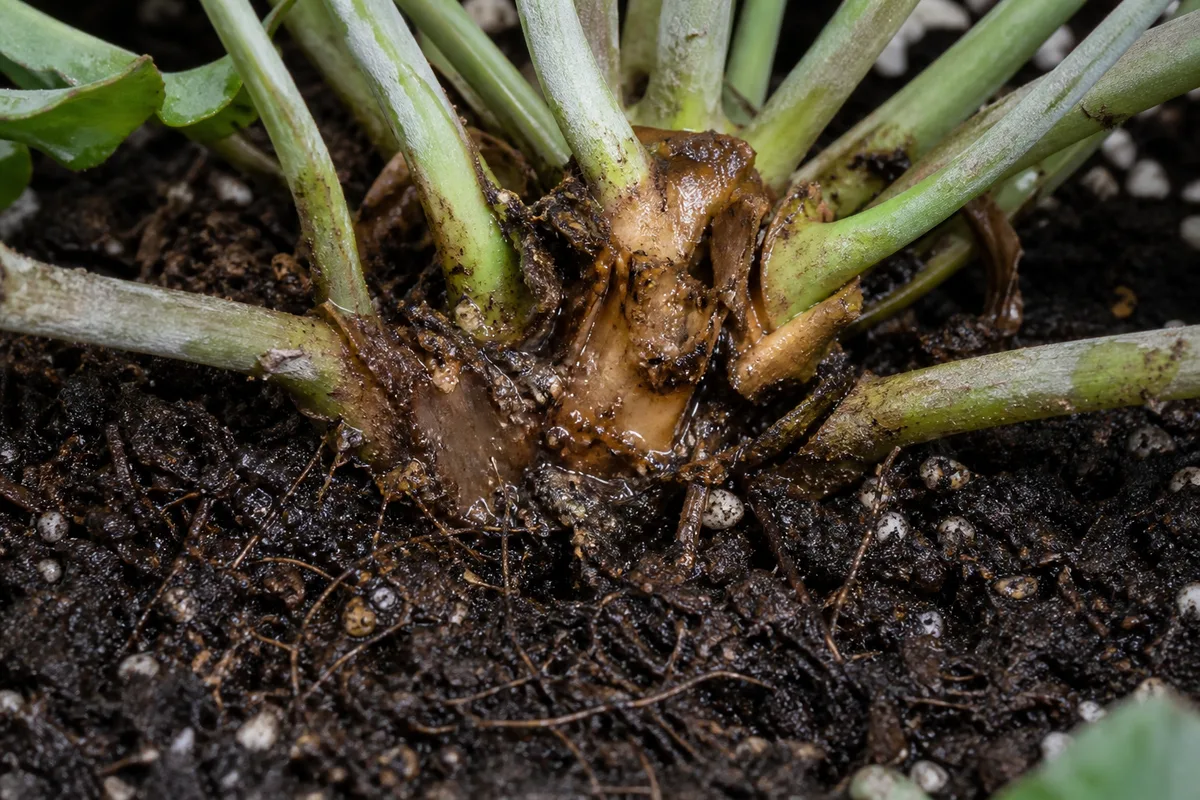 Close-up of Root Rot on Blue Star Fern - diagnostic detail
