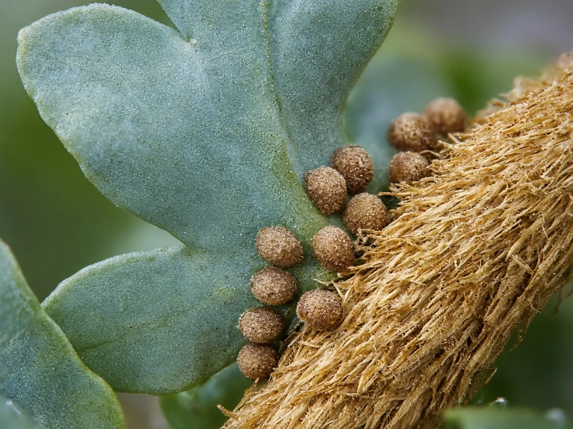 Close-up of scale insect shells on Blue Star Fern frond bases at a rhizome fork