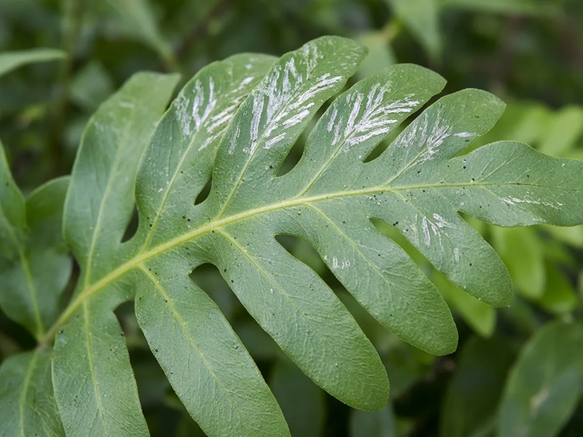 Close-up of thrips damage on Blue Star Fern - silvery streaks and black frass specks on a lobed frond