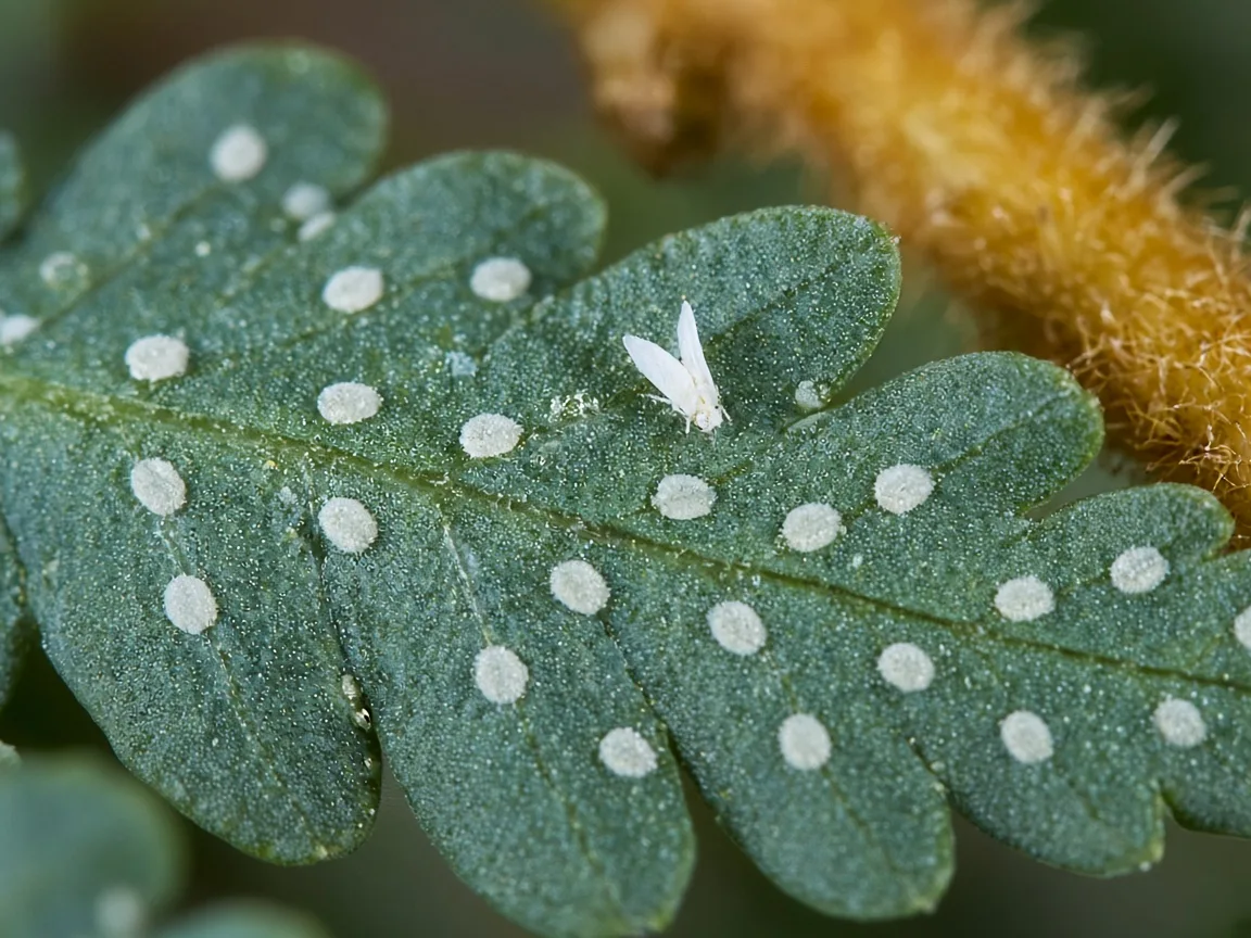 Close-up of whitefly nymph disks on the underside of a Blue Star Fern frond