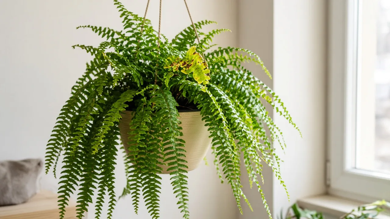 Calcium deficiency on Boston Fern - brown necrotic margins on newest arching unfurling frond