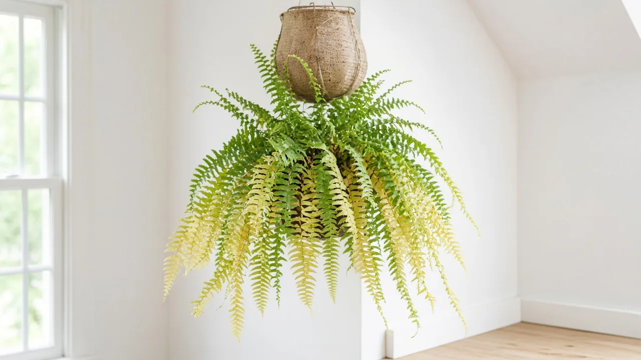 Nitrogen deficiency on Boston Fern - oldest lowest arching fronds uniformly pale yellow-green in a hanging basket