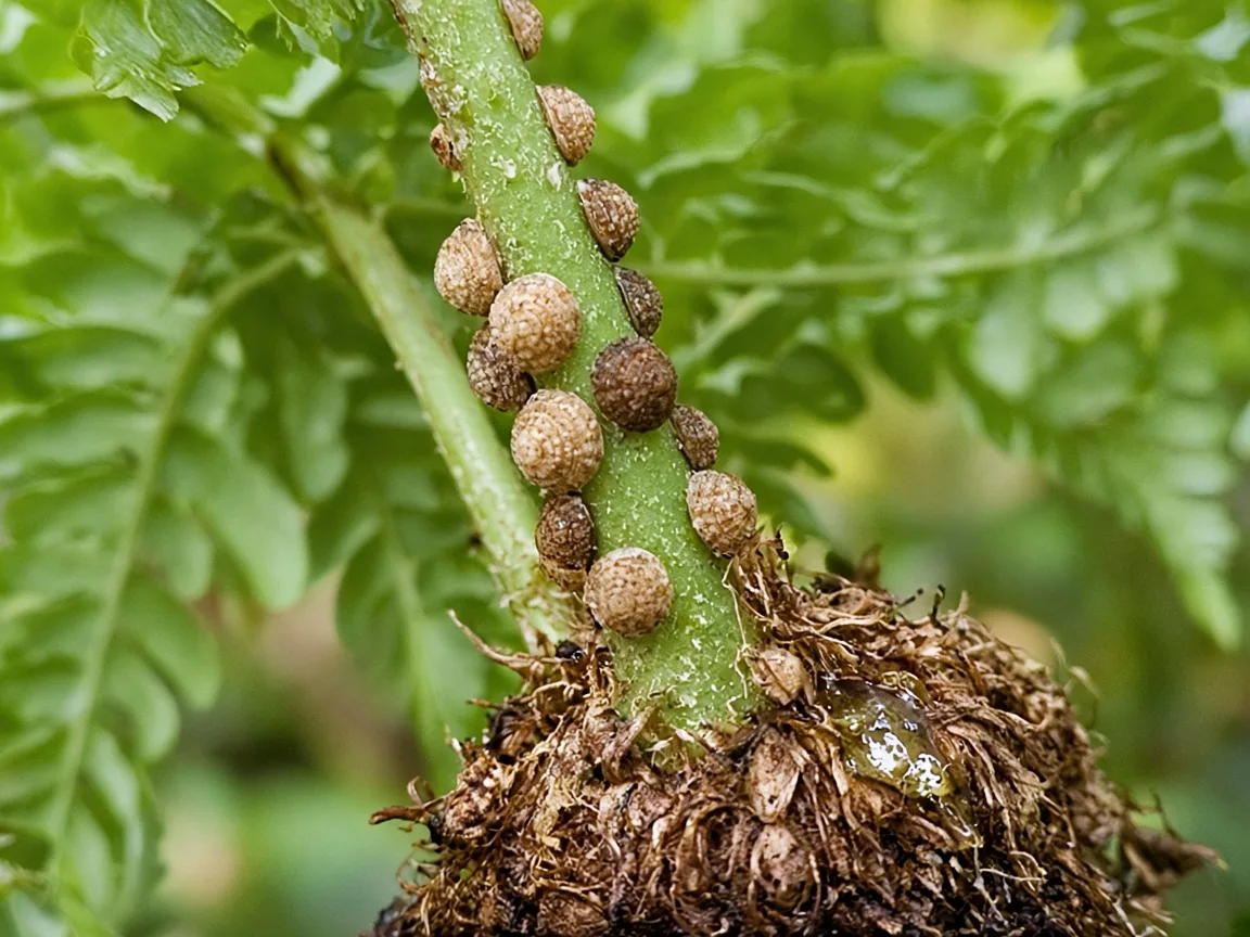 Close-up of scale insect shells on Boston Fern frond stipes at the rhizome crown