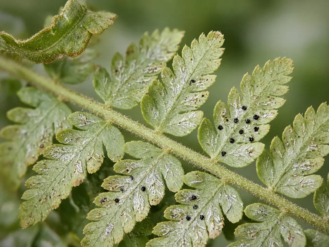 Close-up of thrips damage on Boston Fern - silvery streaks and black frass on pinnae