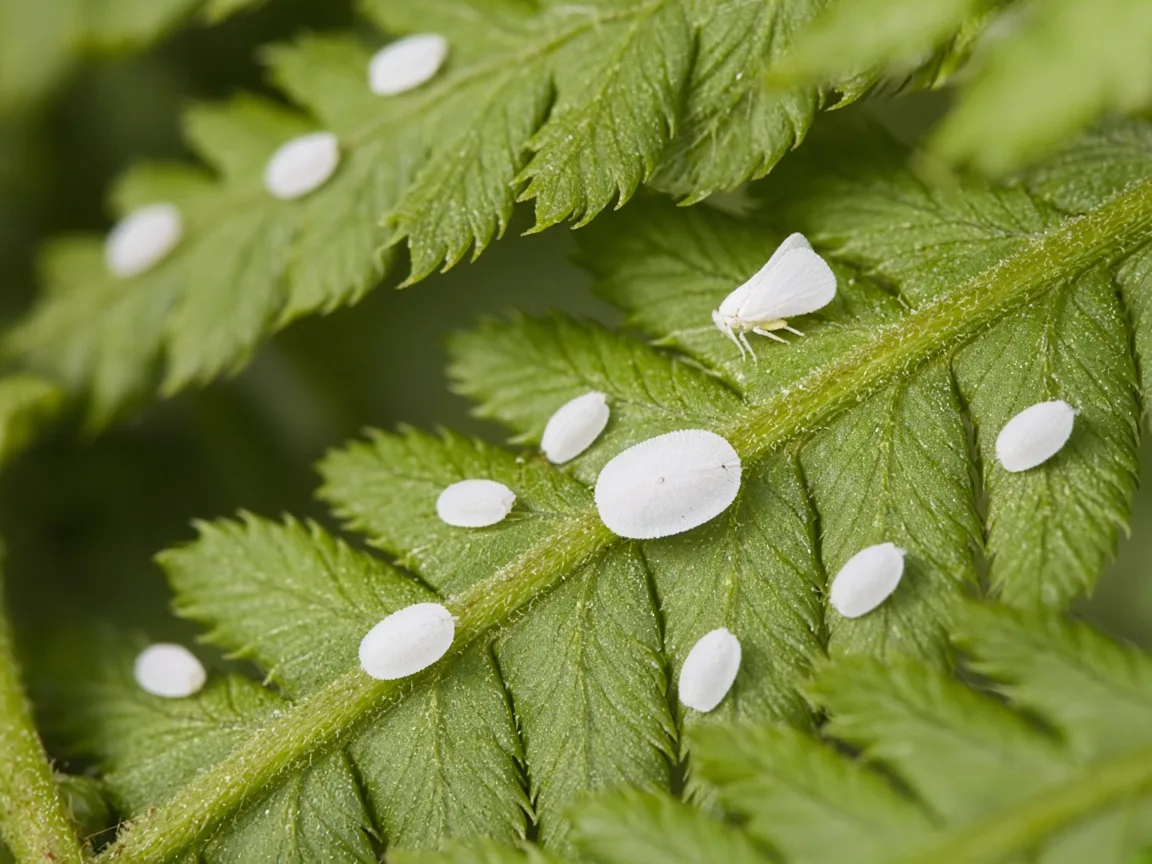 Close-up of whitefly nymph disks on the underside of Boston Fern pinnae