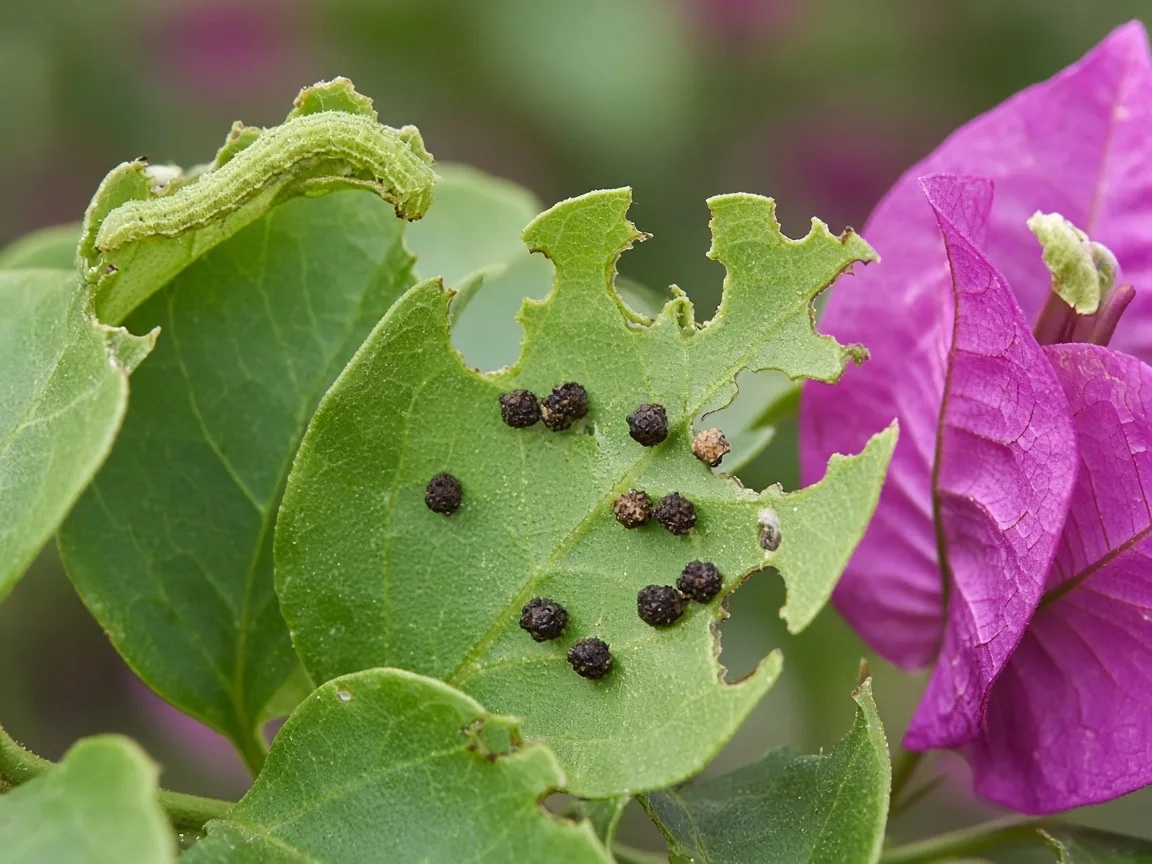 Close-up of caterpillar chew damage on bougainvillea leaves and bracts