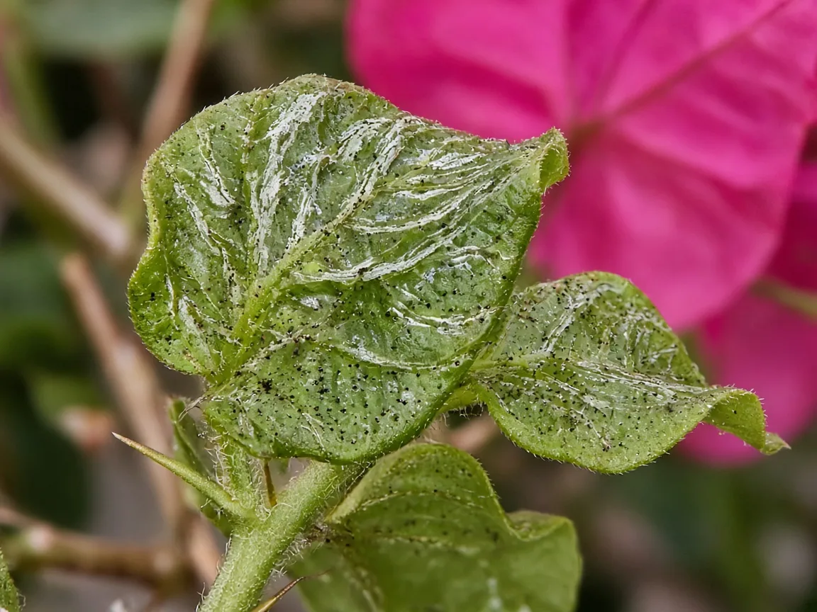 Close-up of distorted leaves on Bougainvillea - twisted puckered young leaf with silver streaks at thorny cane tip