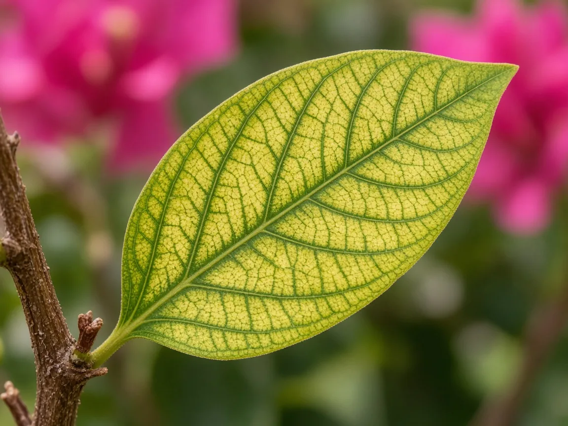 Close-up of magnesium deficiency on bougainvillea - interveinal chlorosis on older true leaf