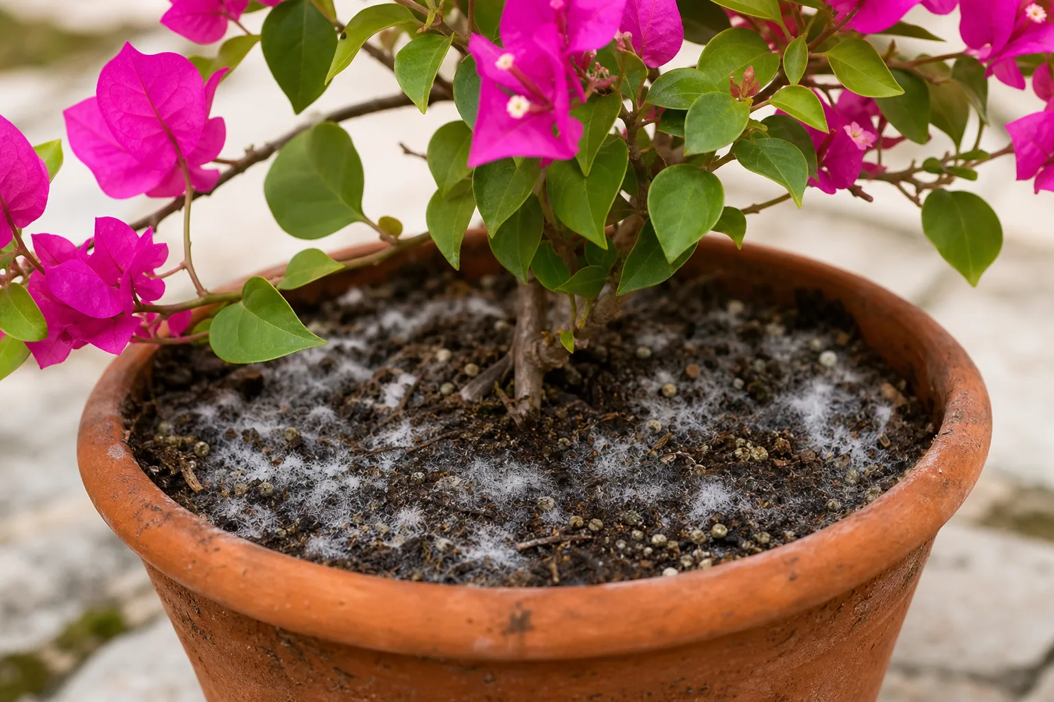 Mold on Soil on Bougainvillea - visible symptom on the plant