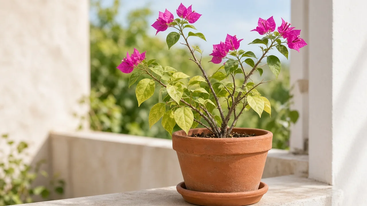 Nitrogen deficiency on bougainvillea - uniformly pale oldest true leaves on lower thorny woody stems with colorful bracts above