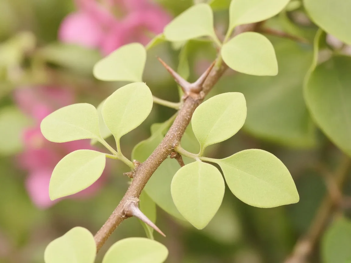 Close-up of washed-out lime-green true leaves on a bougainvillea runner