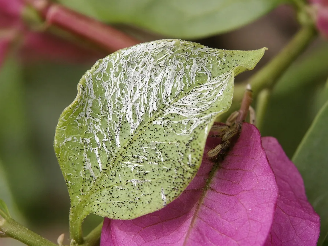Close-up of thrips scarring on a bougainvillea shoot tip