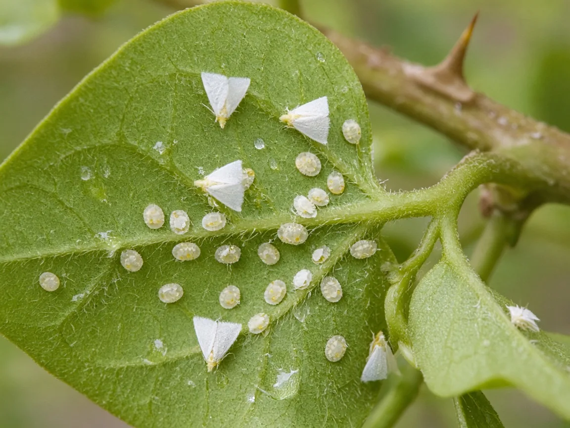 Close-up of whitefly adults and nymph disks on the underside of a bougainvillea leaf near a magenta bract stalk