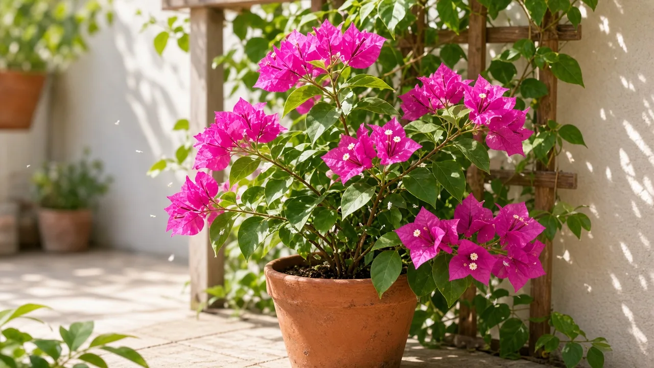 Whiteflies on Bougainvillea - tiny white insects near magenta bracts on a thorny patio vine