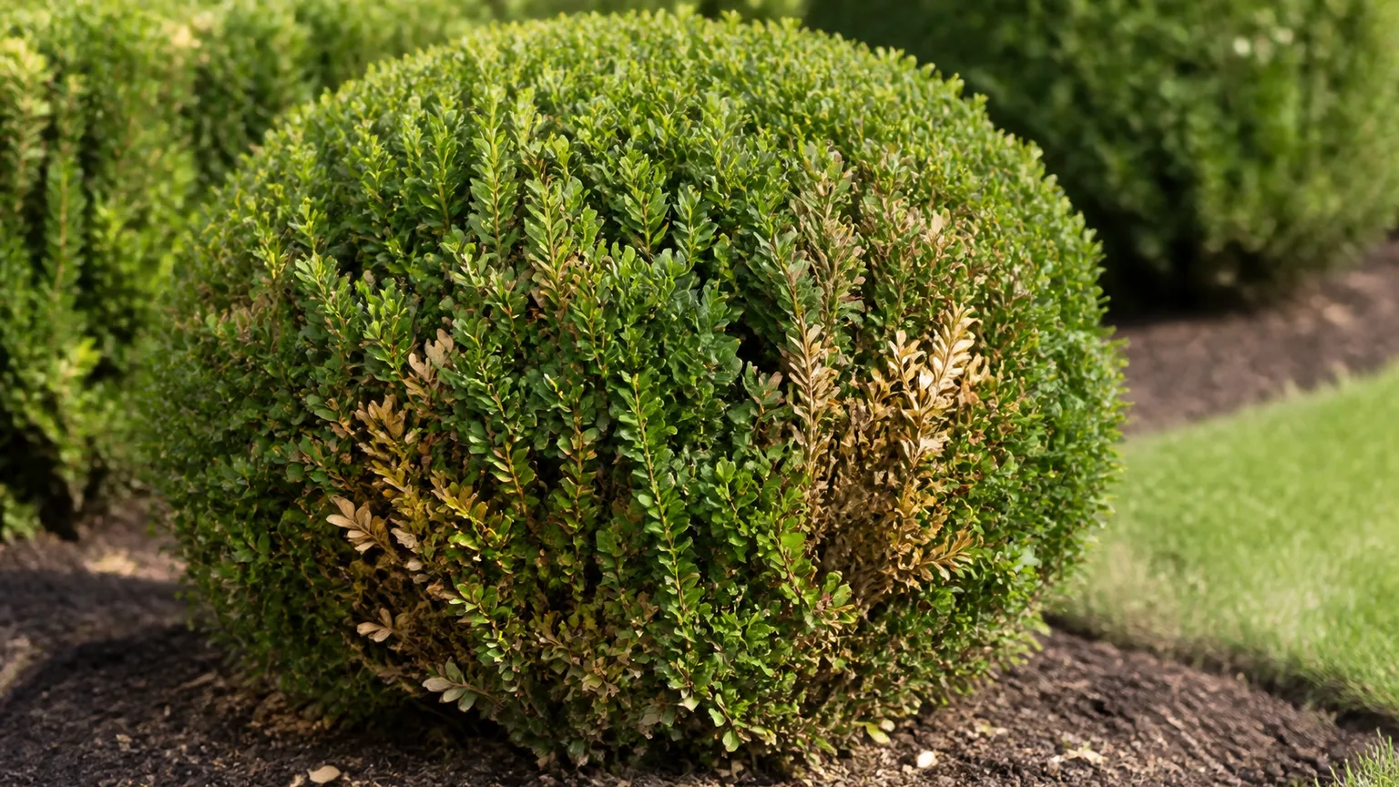 Boxwood shrub with patchy brown and bronze foliage
