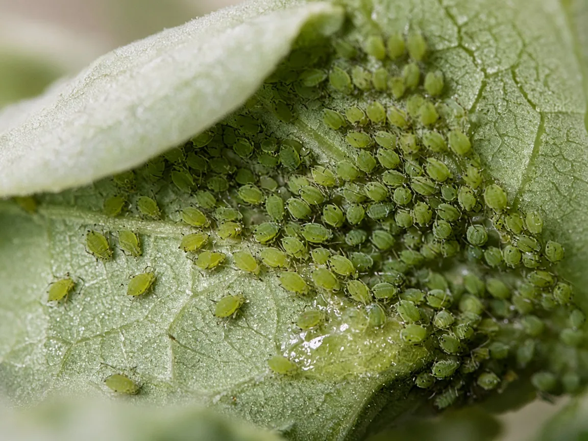 Close-up of aphids on Brahma Kamal - diagnostic detail on rosette crown and bract