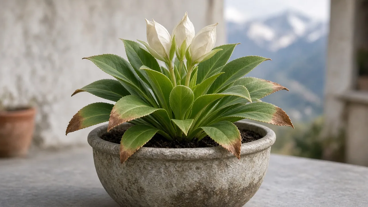 Brown tips on Brahma Kamal — crisp tan edges on rosette leaves of Saussurea obvallata