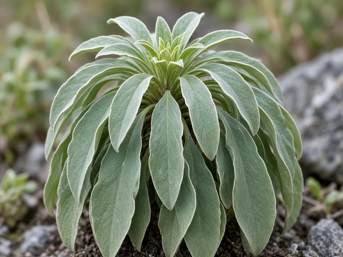 Close-up of limp basal rosette leaves drooping outward from the firm crown of Saussurea obvallata
