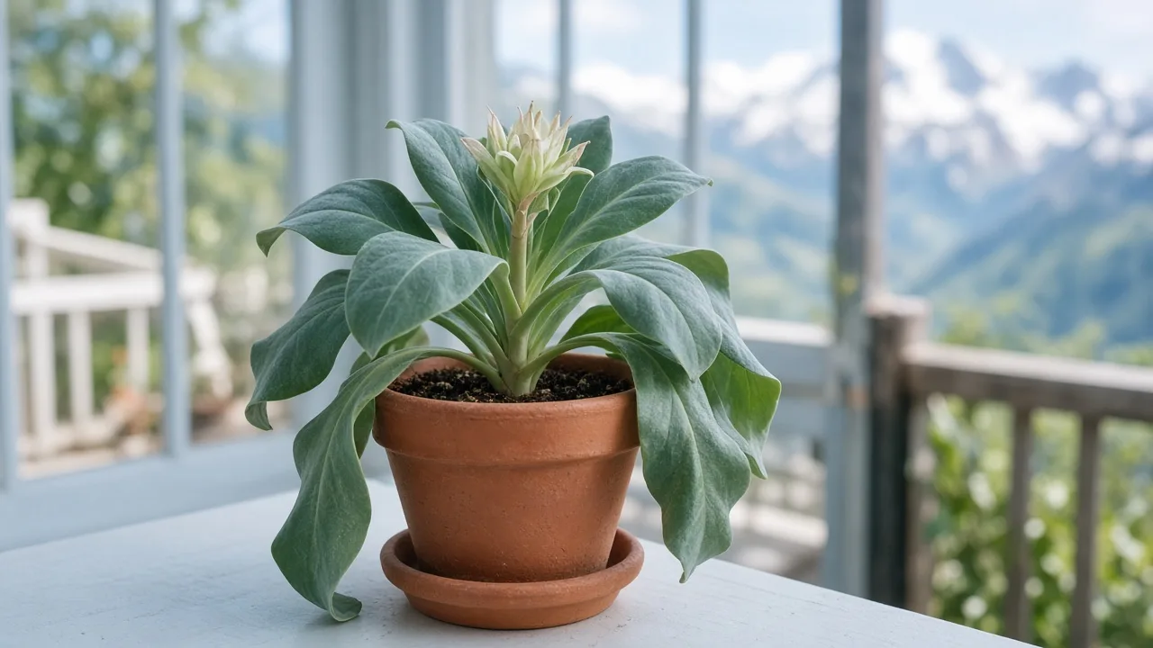 Drooping leaves on Brahma Kamal - limp basal rosette on a compact Himalayan alpine plant in a terracotta pot