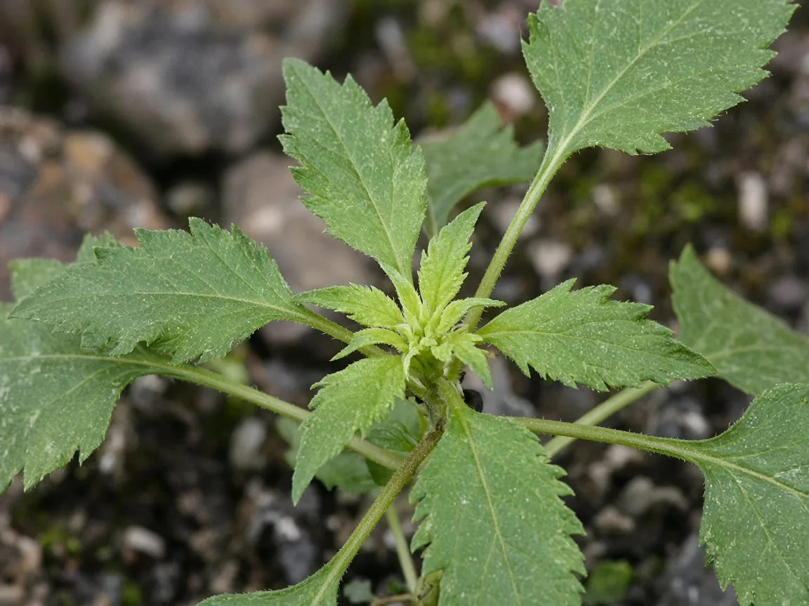 Close-up of elongated petioles and open spacing between basal leaves on a stretched Brahma Kamal rosette