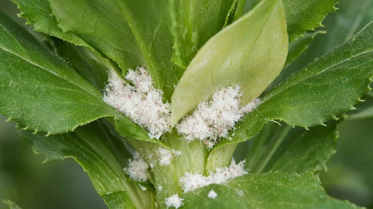 Close-up of mealybug cottony wax in a Brahma Kamal rosette leaf axil