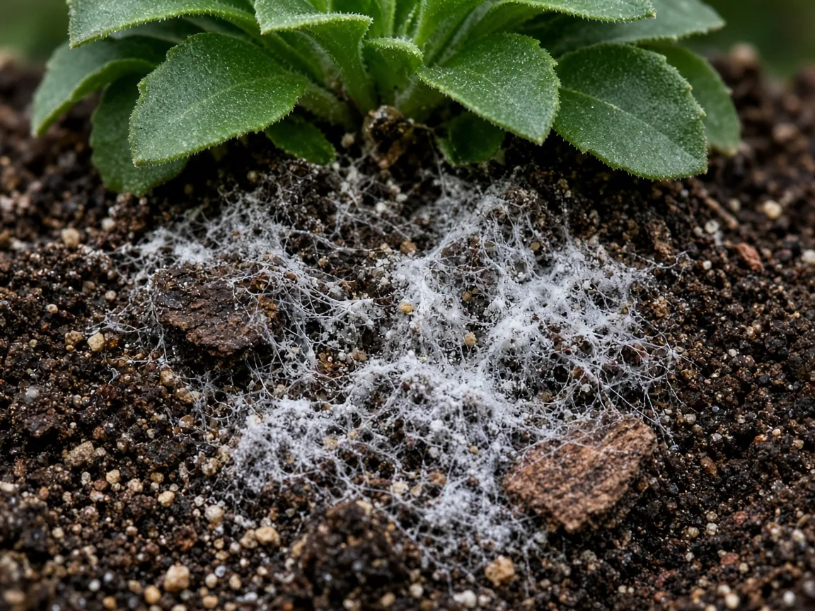 Close-up of mold on Brahma Kamal soil - white fuzzy patches on damp gritty mix at the rosette base