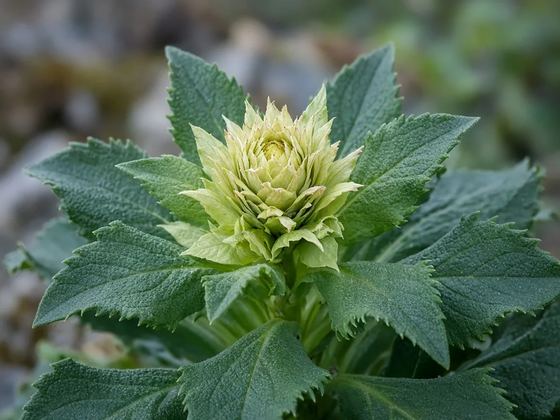 Close-up of a firm Brahma Kamal crown with tight older rosette leaves and pale bracts around a small enclosed flower head, with no fresh leaf unfurling at the center