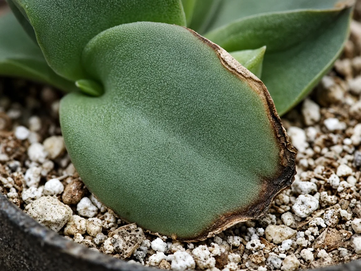 Close-up of underwatering on Brahma Kamal - limp rosette leaf with crisp margin and pale dry gritty mix