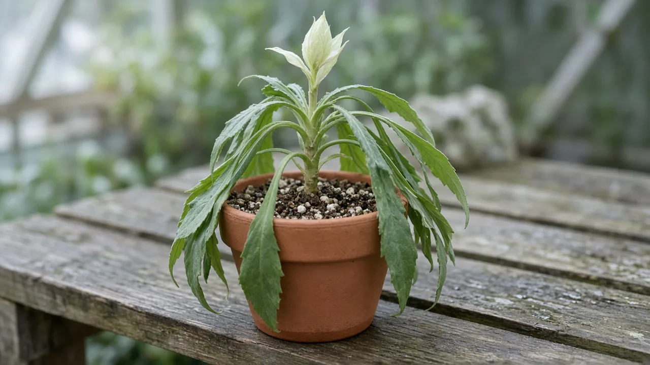 Wilting on Brahma Kamal — limp basal rosette in a cool shaded alpine pot