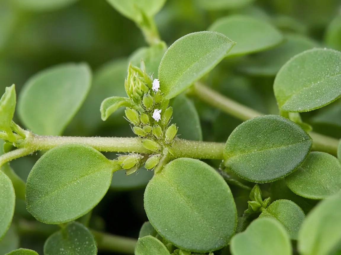 Close-up of aphids on Brahmi - diagnostic detail on creeping stem tip and leaf axil