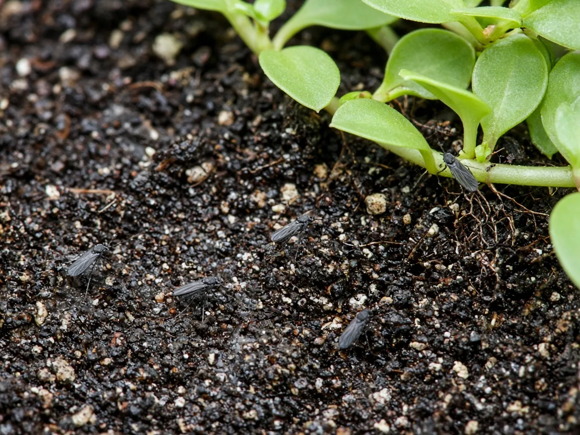 Close-up of fungus gnats on damp potting mix at the base of a Brahmi creeping mat
