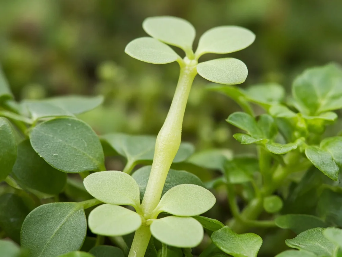 Close-up of long internode gap between small opposite succulent leaves on a Bacopa monnieri runner