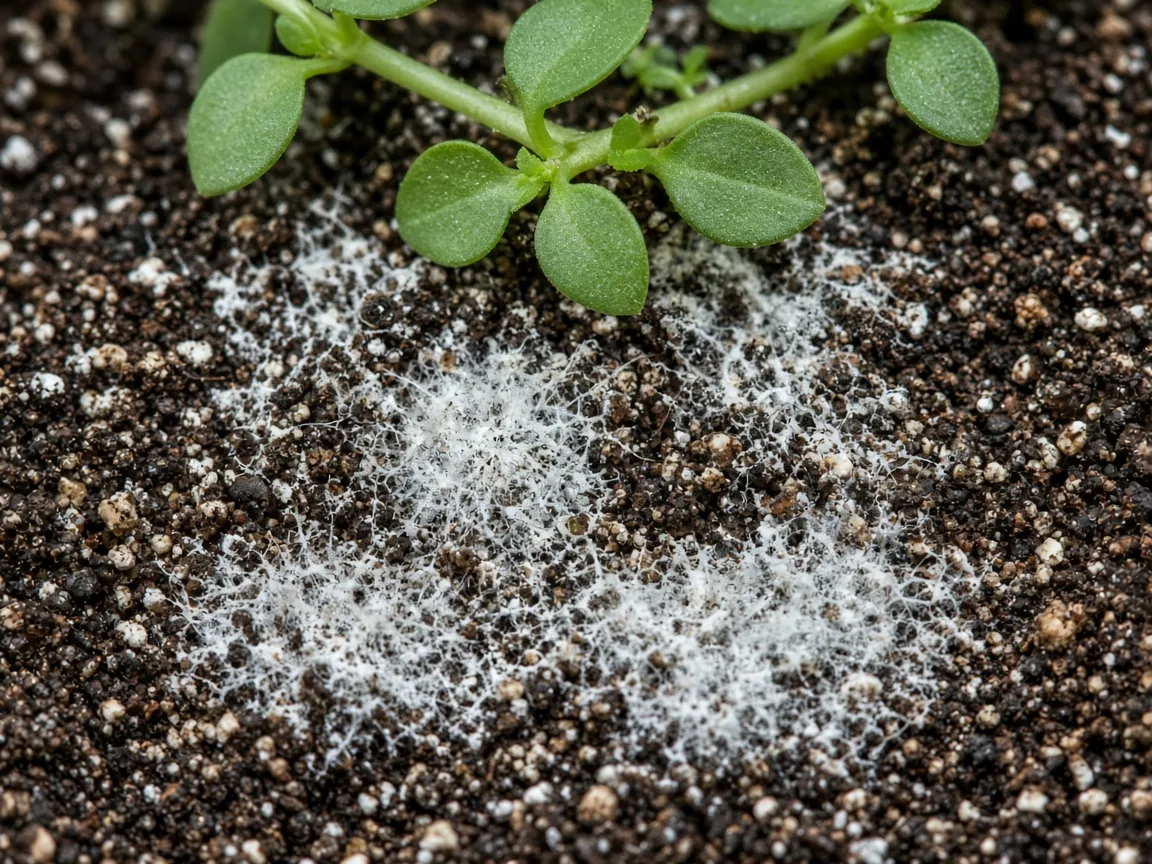Close-up of mold on soil on Brahmi - white fuzzy mycelium on damp mix around prostrate Bacopa monnieri stems