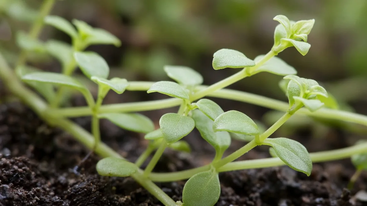 Close-up of pale stretched Brahmi stems with wide gaps between small succulent leaves