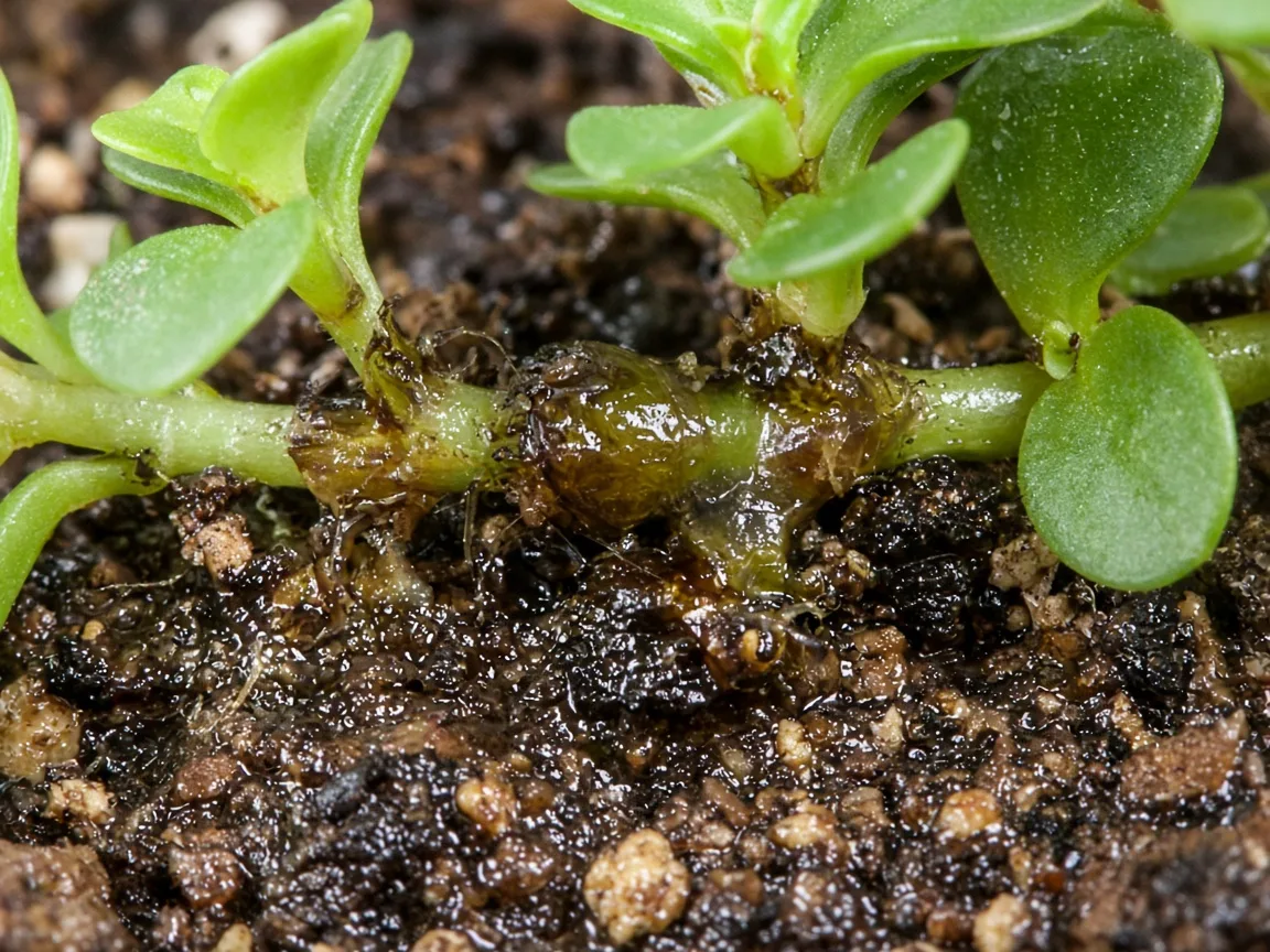 Close-up of soft blackened Brahmi stem nodes on sour wet potting mix