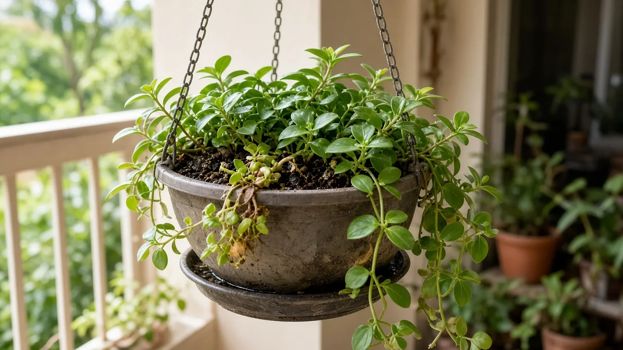 Root rot on Brahmi - soft collapsing stems on sour wet potting mix in a hanging basket