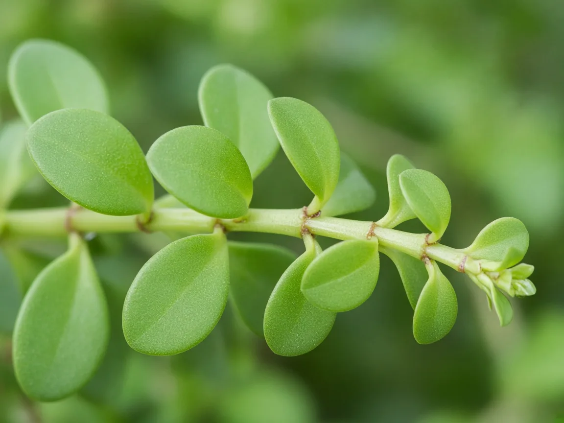 Close-up of a Brahmi runner tip with tight internodes and no fresh leaves or node roots compared with plumper sections lower on the stem