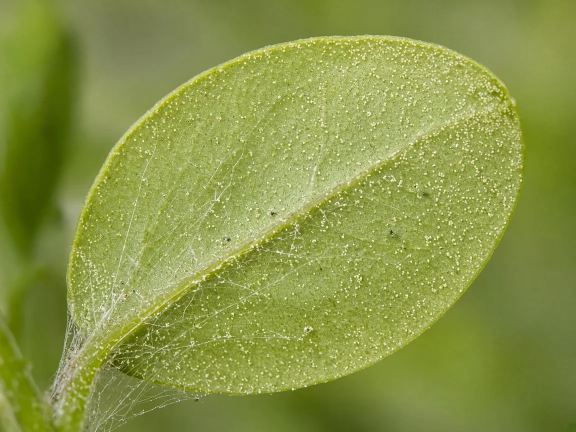 Close-up of spider mites on Brahmi - stippling and fine webbing on a succulent teardrop leaf underside