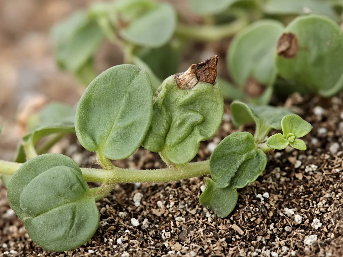 Close-up of underwatering on Brahmi - shriveled succulent leaves and dry crumbly mix at a trailing stem node