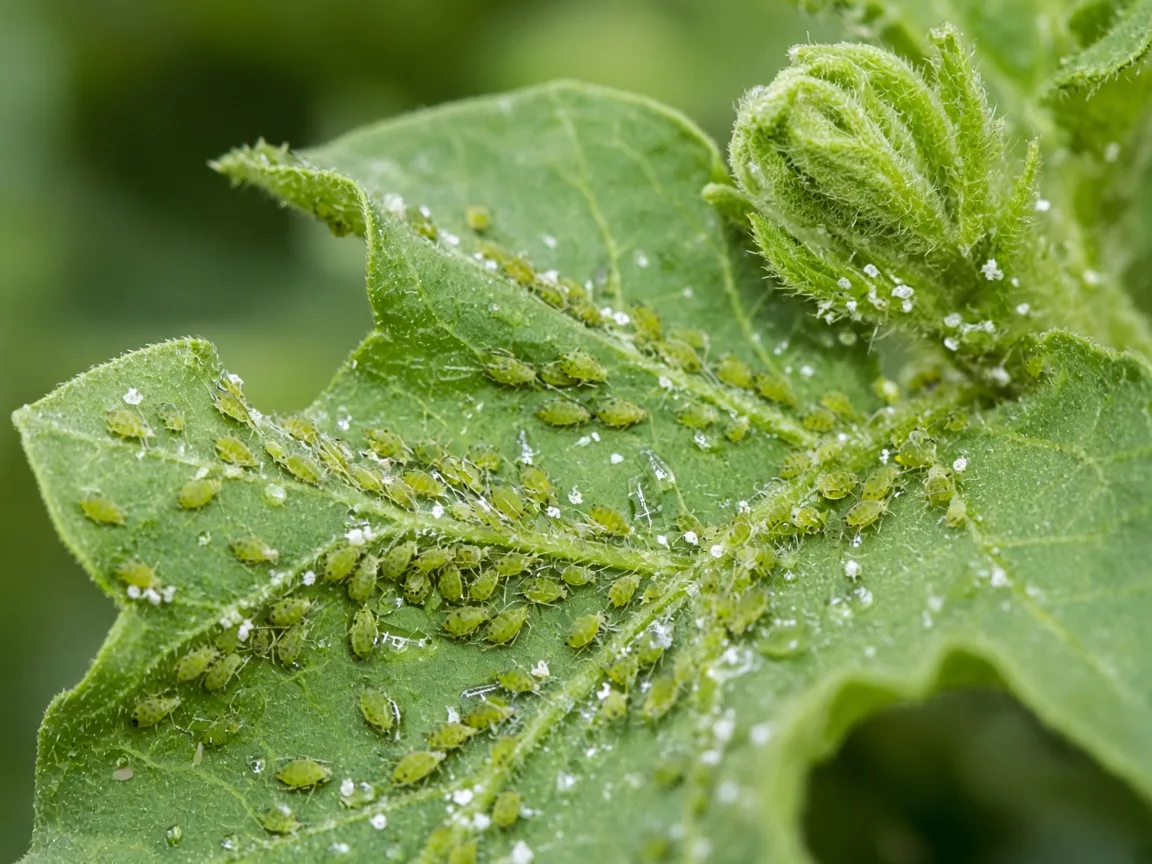 Close-up of aphids on Brinjal - diagnostic detail on shoot tip and leaf underside