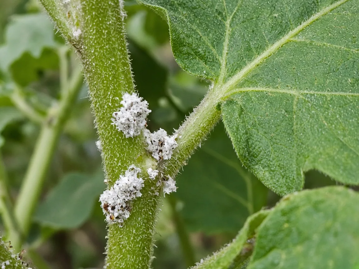 Close-up of mealybugs on Brinjal - cottony wax in a leaf axil on eggplant stem
