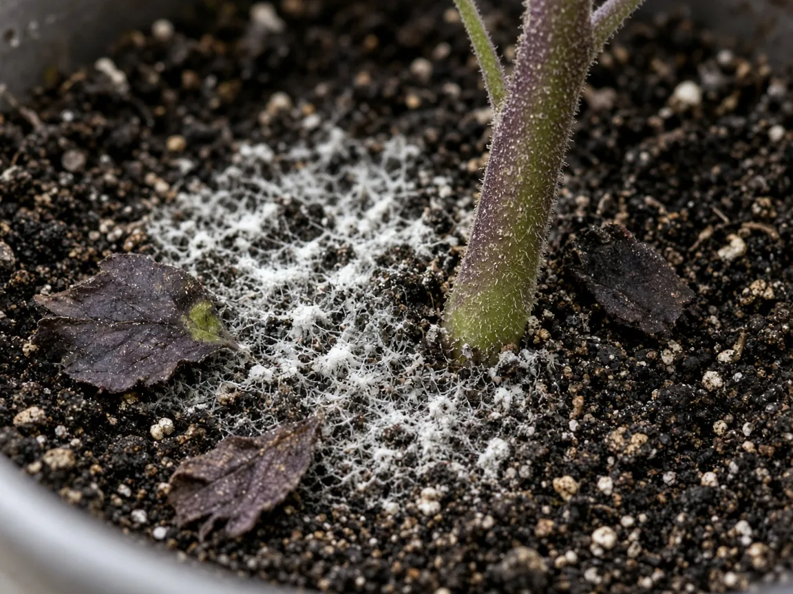 Close-up of mold on soil on Brinjal - white fuzzy mycelium on damp compost-rich mix at the eggplant stem base