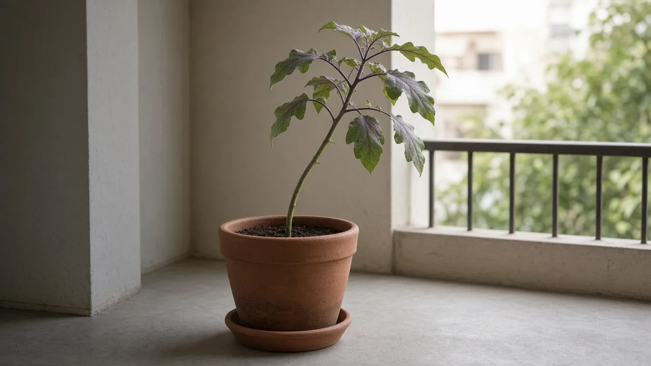 Not enough light on Brinjal — stretched eggplant seedling leaning toward a bright balcony opening with sparse leaves