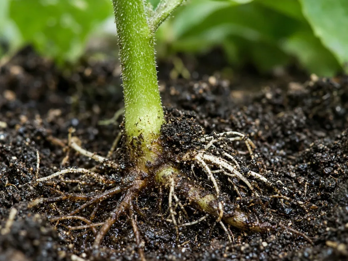 Close-up of darkened soft stem base and unhealthy roots on container brinjal
