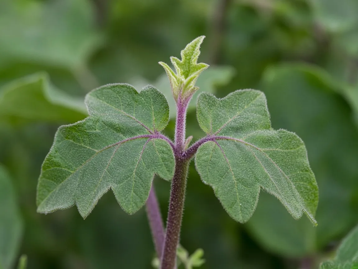 Close-up of brinjal stem with very short internodes and a small stalled tip leaf