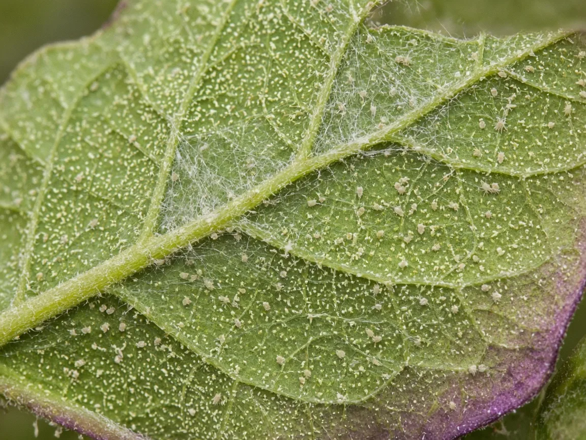 Close-up of spider mites on Brinjal - stippling and fine webbing on a lobed eggplant leaf underside