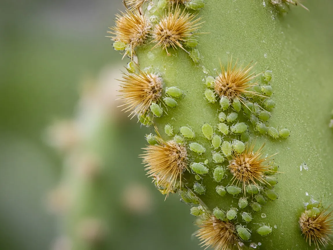 Close-up of soft green aphids clustered along the areole margin on a new bunny ear cactus pad
