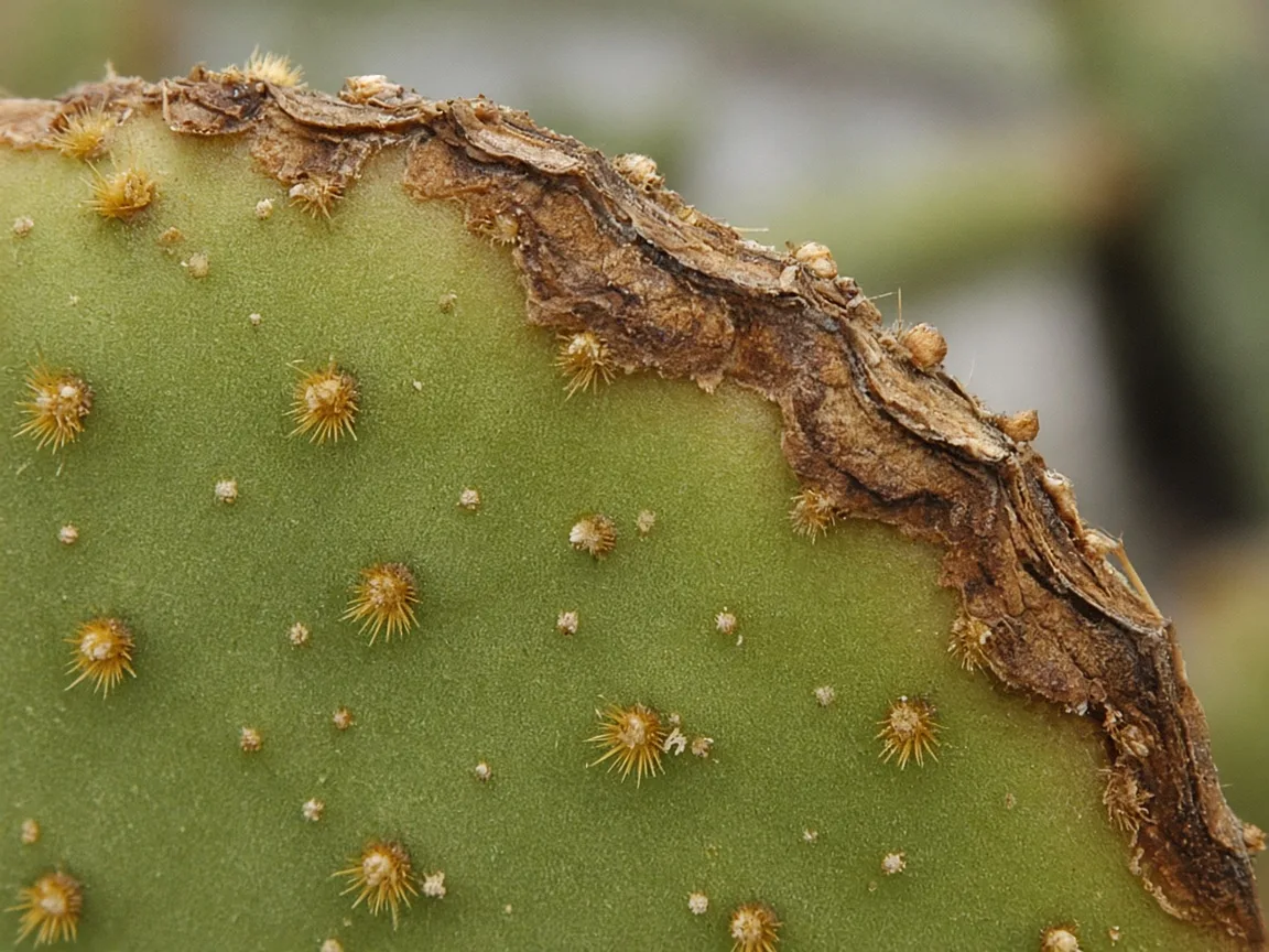 Close-up of brown tips at the edge of Bunny Ear Cactus pads