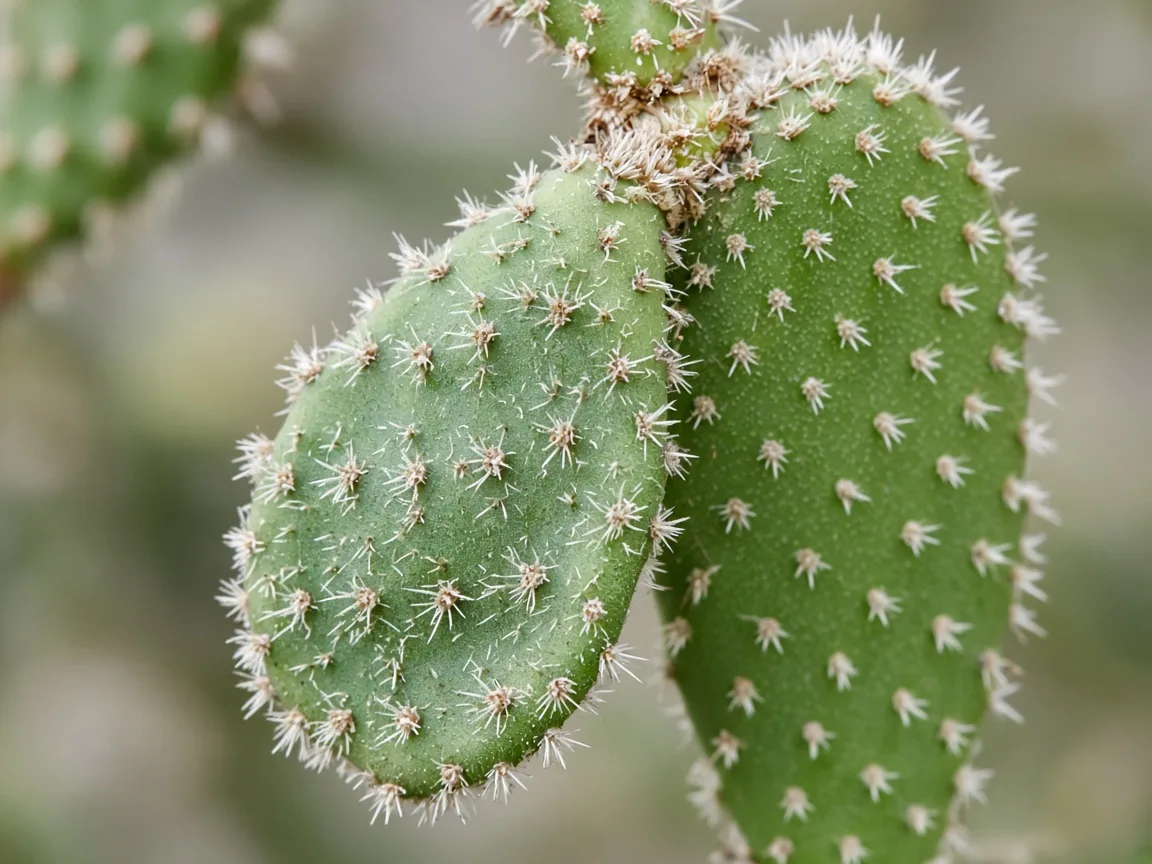Close-up of drooping Bunny Ear Cactus pads hanging limp at the areole joint with visible glochids on green Opuntia microdasys tissue